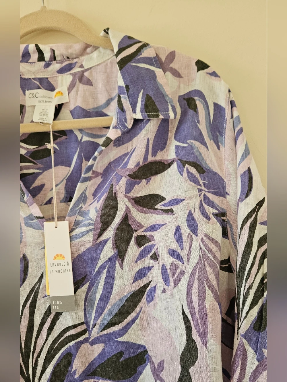NWT C&C California 100% LINEN Purple on White Leaf Print Tunic Top Plus Size 2X - Picture 4 of 10